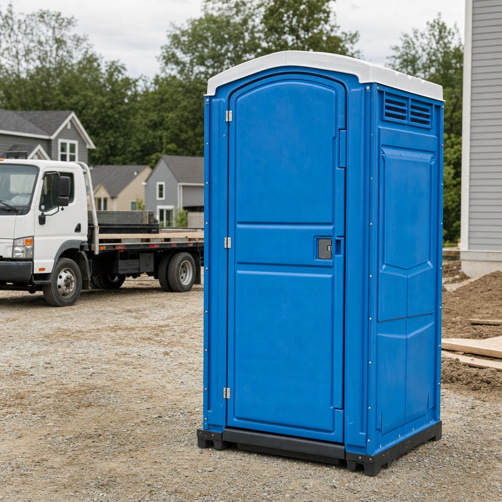Delivery driver positioning a clean royal-blue portable toilet on level ground at a Cedar Falls worksite