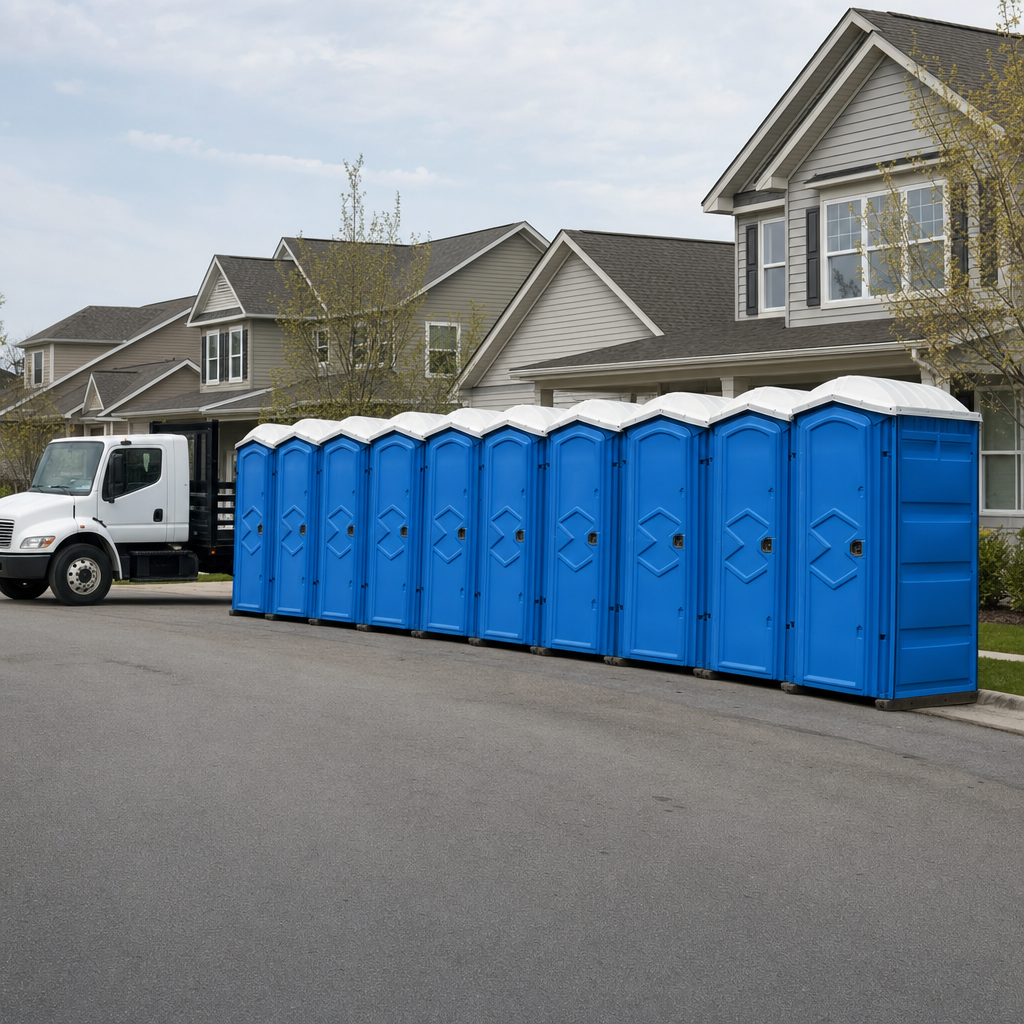 Royal blue portable toilets staged in a tidy row at a Cedar Falls jobsite, ready for delivery